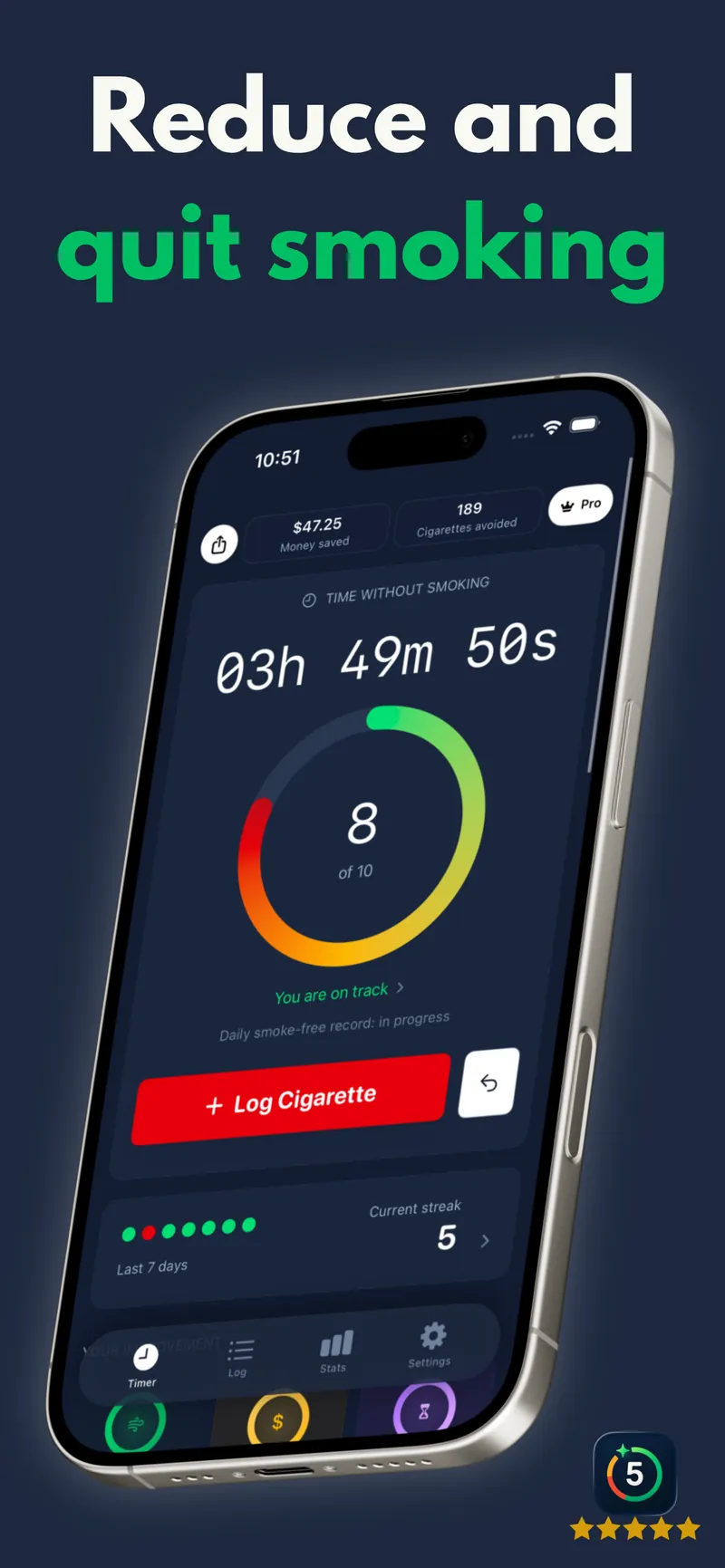 Cigarette Counter main screen: time without smoking, cigarettes today against the goal, money saved and current streak