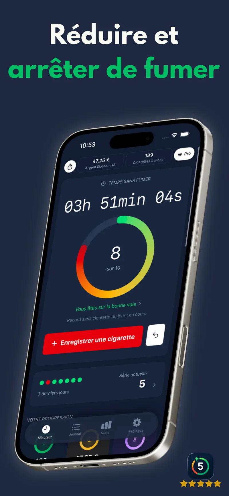Écran principal de Compteur Cigarettes Stop tabac : temps sans fumer, cigarettes du jour par rapport à l’objectif, économies et série en cours