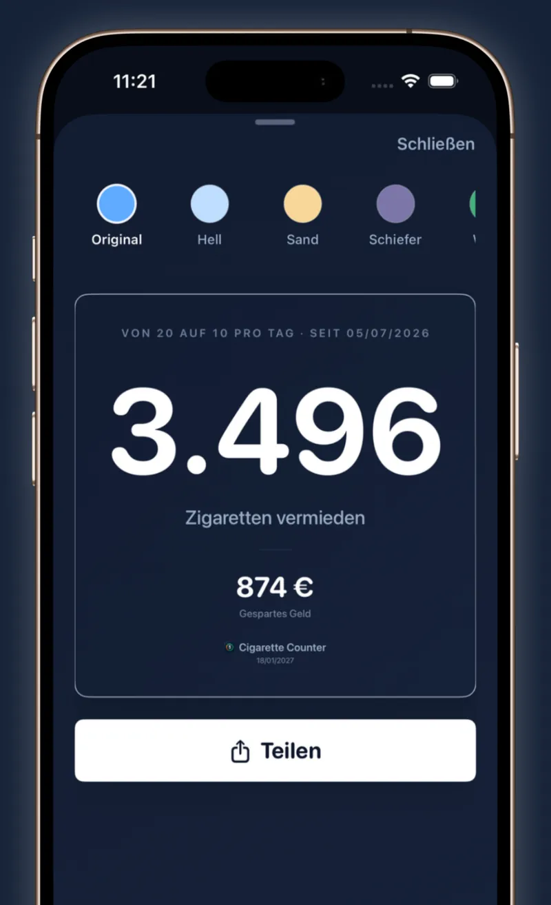 Karte zum Teilen mit nicht gerauchten Zigaretten und gespartem Geld