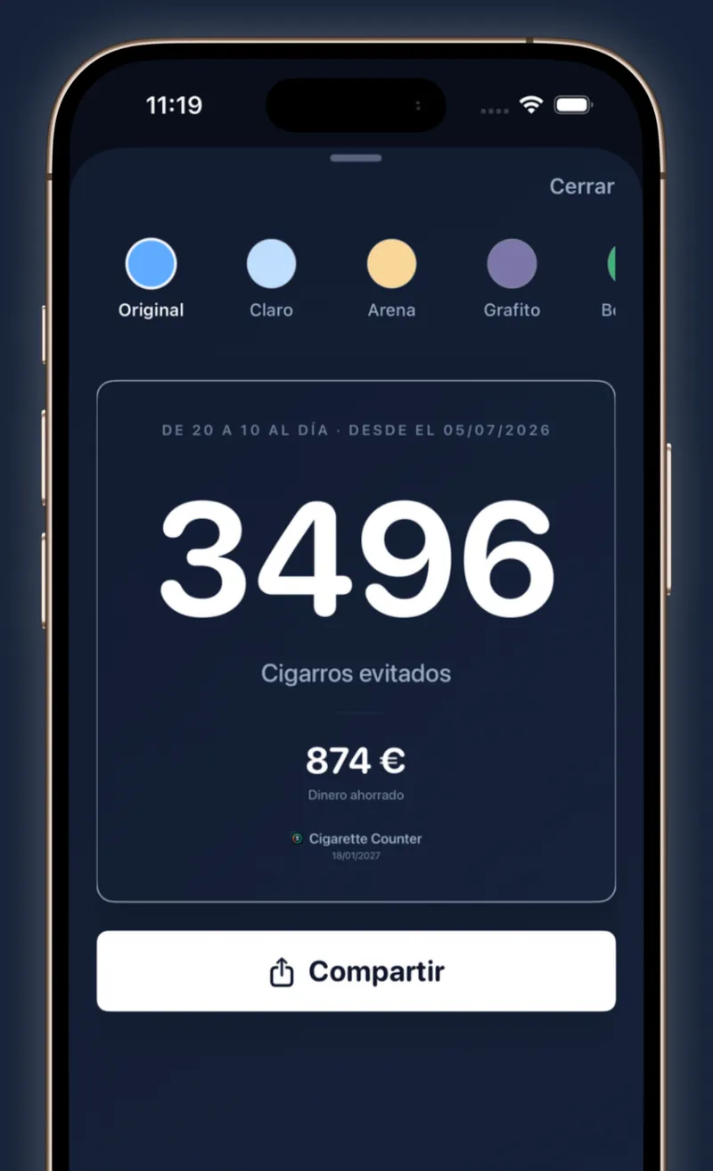 Tarjeta para compartir con 3496 cigarrillos evitados y 874 € ahorrados